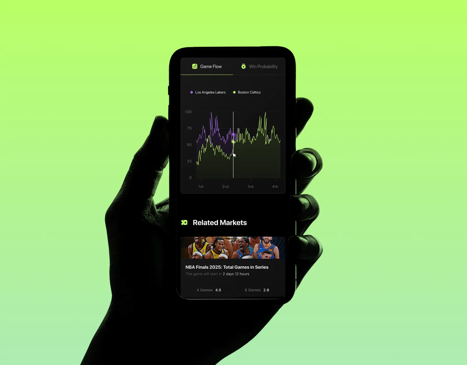 Sportstatistieken-app met live grafieken, getoond op een telefoon